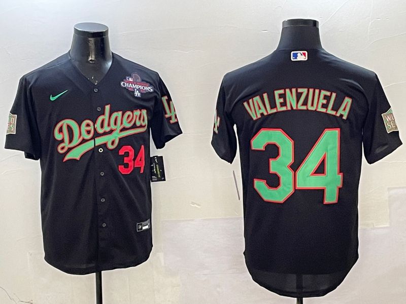 Men Los Angeles Dodgers 34 Valenzuela Black green Fashion 2025 Nike MLB Jersey style 2